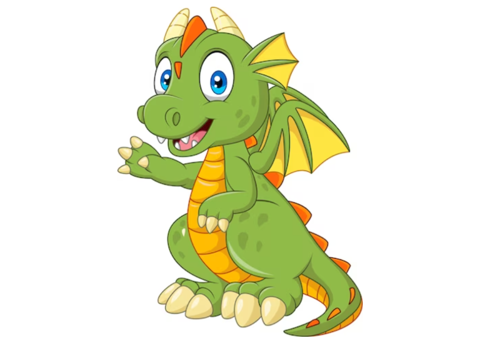 A cheerful green dragon with yellow accents and wings