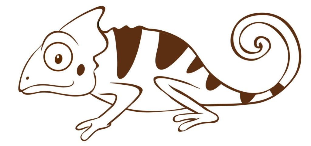 A stylized brown and white line drawing of a chameleon