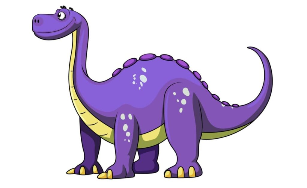 A cheerful purple dinosaur with a long neck smiling in a simple backdrop