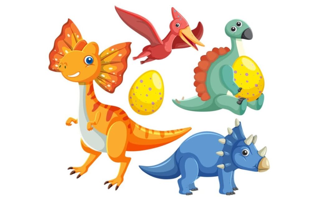 Cartoon dinosaurs and dino eggs presented with a vibrant, playful design