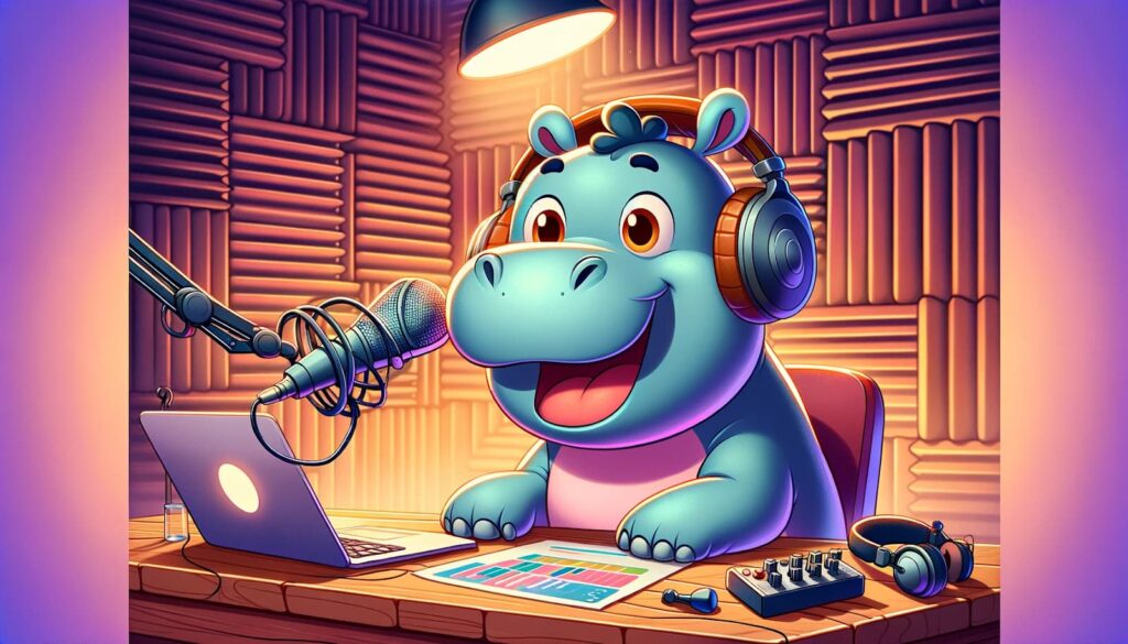 Cartoon Hippo Recording a Podcast